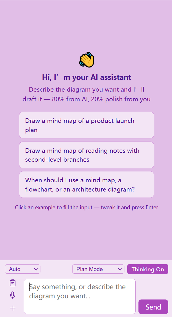 The AI assistant panel: describe the diagram you want — example prompts fill the input in one click, press Enter to send
