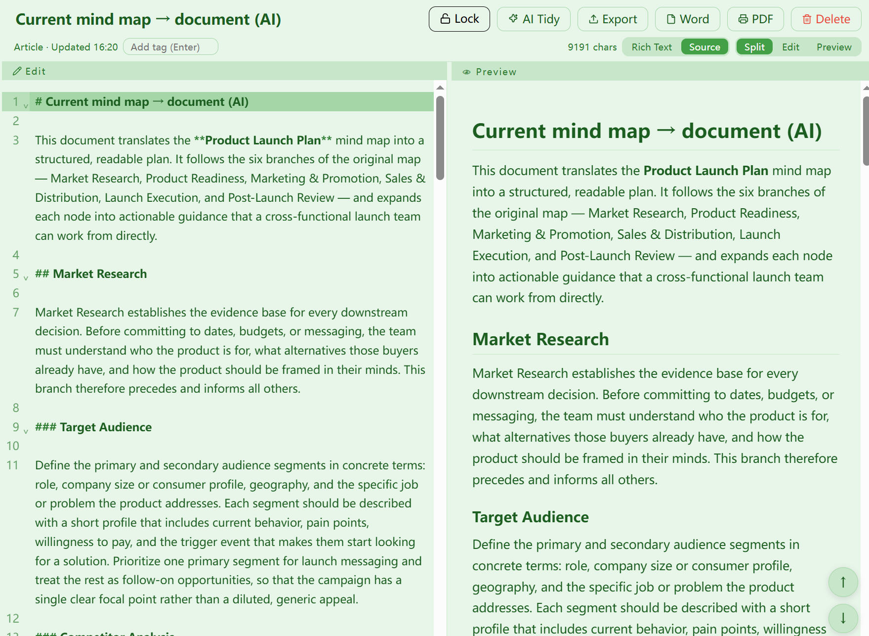 Source mode: raw Markdown with a live split preview