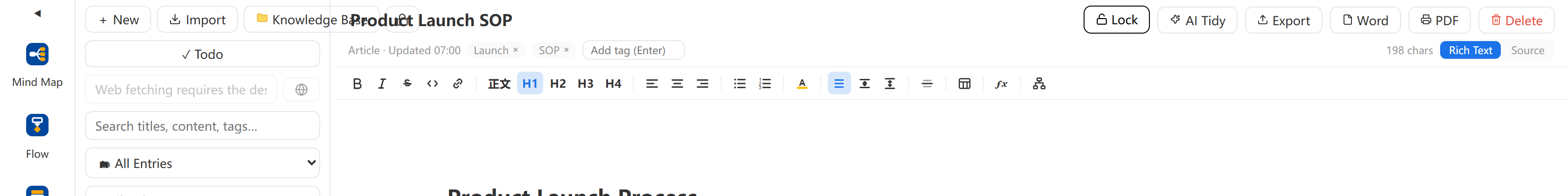 One-click export: the entry toolbar offers .md, Word, PDF, locking and AI tidy-up