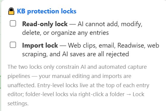 Knowledge-base locks: read-only locks AI edits, import locks block clips, email and web scraping