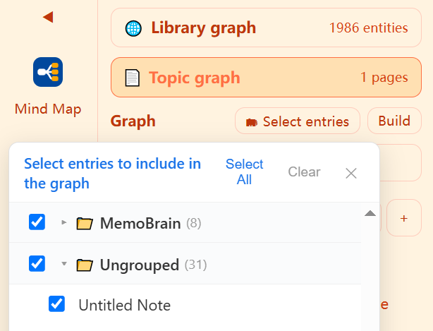 Pick entries to include in the graph: check folders and notes, then build in one click