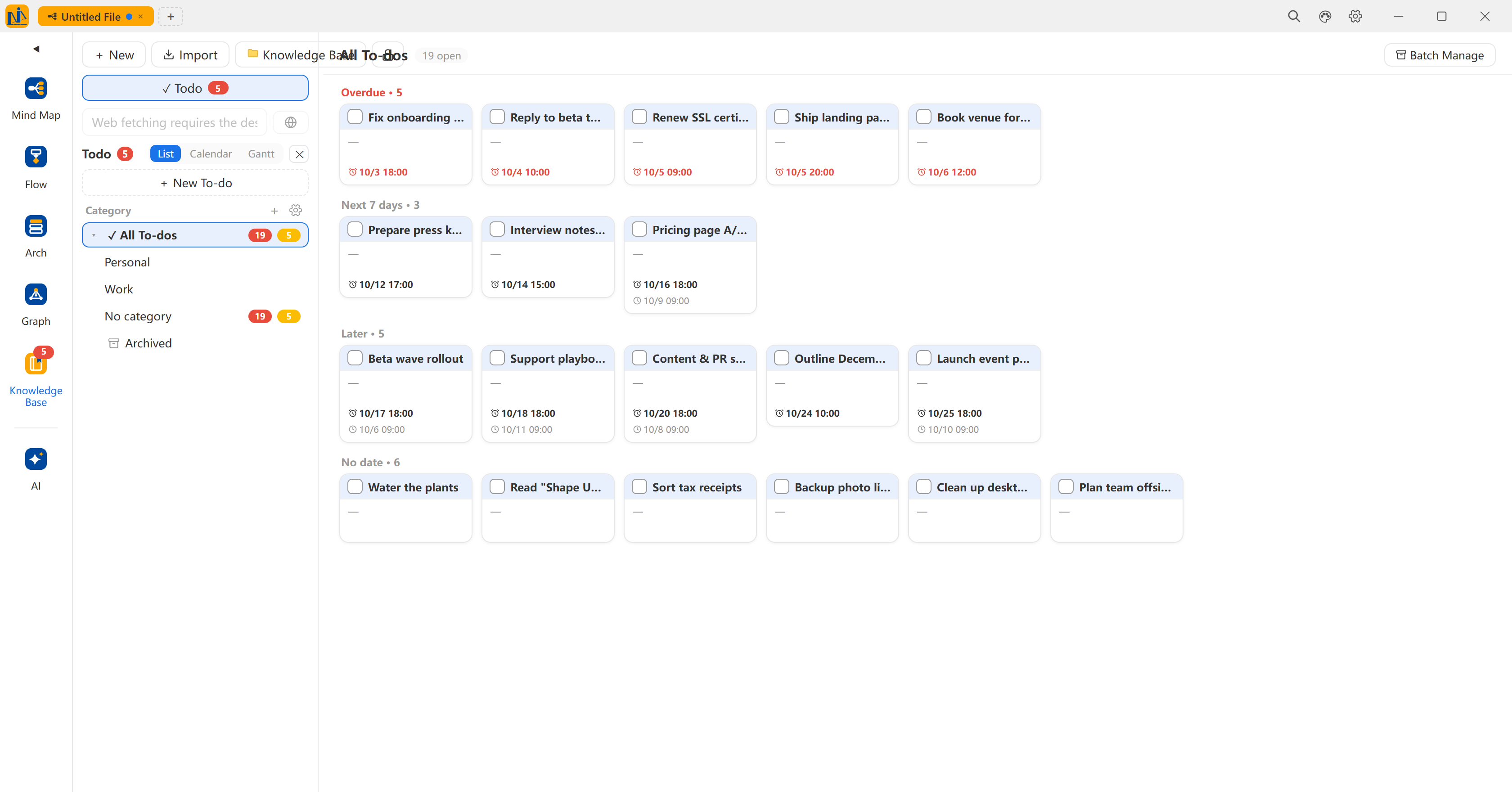 All to-dos: 18 open items auto-bucketed — 6 overdue, 2 in the next 7 days, 1 later, 9 undated; cards carry category badges and deadlines, with a category list and quick-add on the left and list / calendar / Gantt switching plus bulk actions on top